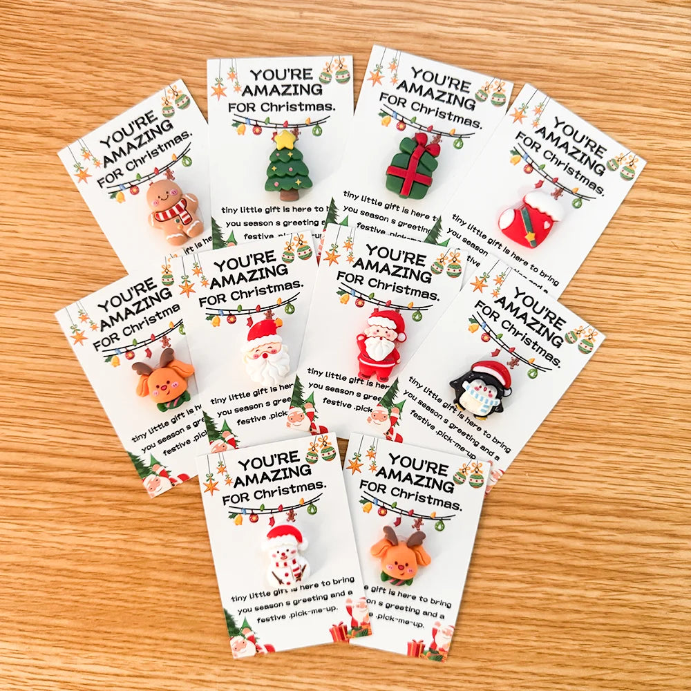 Christmas Mini Hug Cards with Resin Ornaments – Santa, Socks, Gingerbread, Snowman & Reindeer, Holiday Gift Set